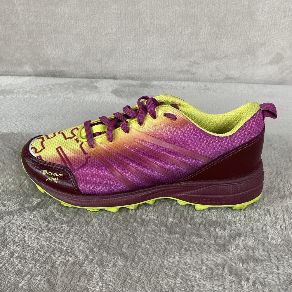 Icebug Anima5 BuGrip Womens Size 7 Yellow Purple Snow Running Steel Studs NEW